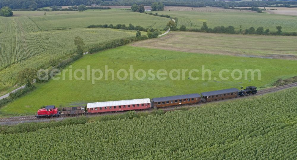 Aerial photograph Scheggerott - Steam train Angelner Dampfeisenbahn near Scheggerott in the state Schleswig-Holstein, Germany