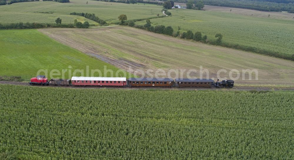 Scheggerott from above - Steam train Angelner Dampfeisenbahn near Scheggerott in the state Schleswig-Holstein, Germany