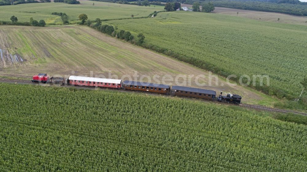 Scheggerott from the bird's eye view: Steam train Angelner Dampfeisenbahn near Scheggerott in the state Schleswig-Holstein, Germany