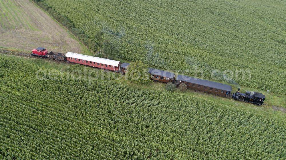 Aerial image Scheggerott - Steam train Angelner Dampfeisenbahn near Scheggerott in the state Schleswig-Holstein, Germany