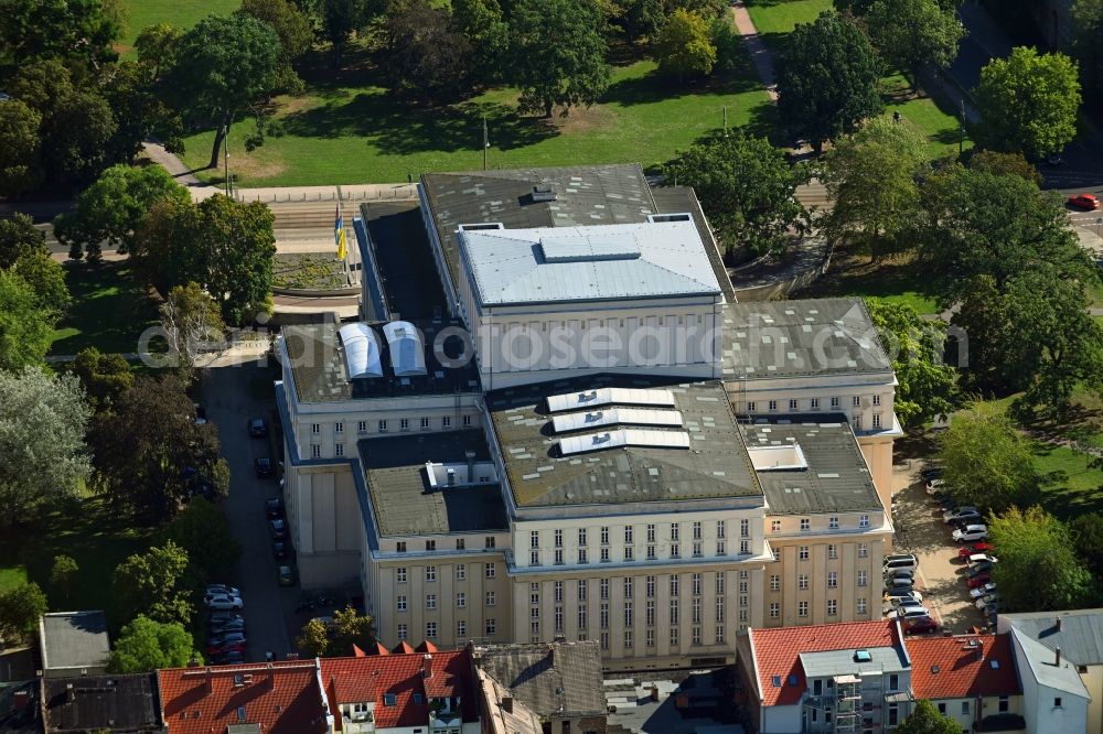 Aerial image Dessau - Building of the concert house and theater play house Anhaltisches Theater Dessau at the peace place in Dessau in the state Saxony-Anhalt, Germany