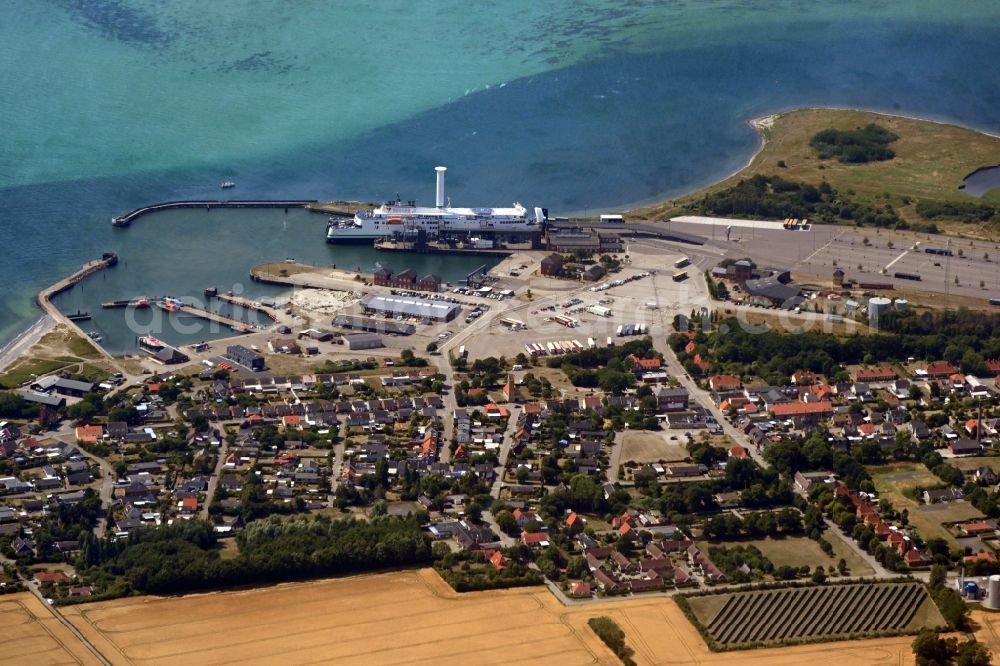 Aerial image Gedser - Anchored and moored ferry in the harbor in Gedser on Falster island, Denmark