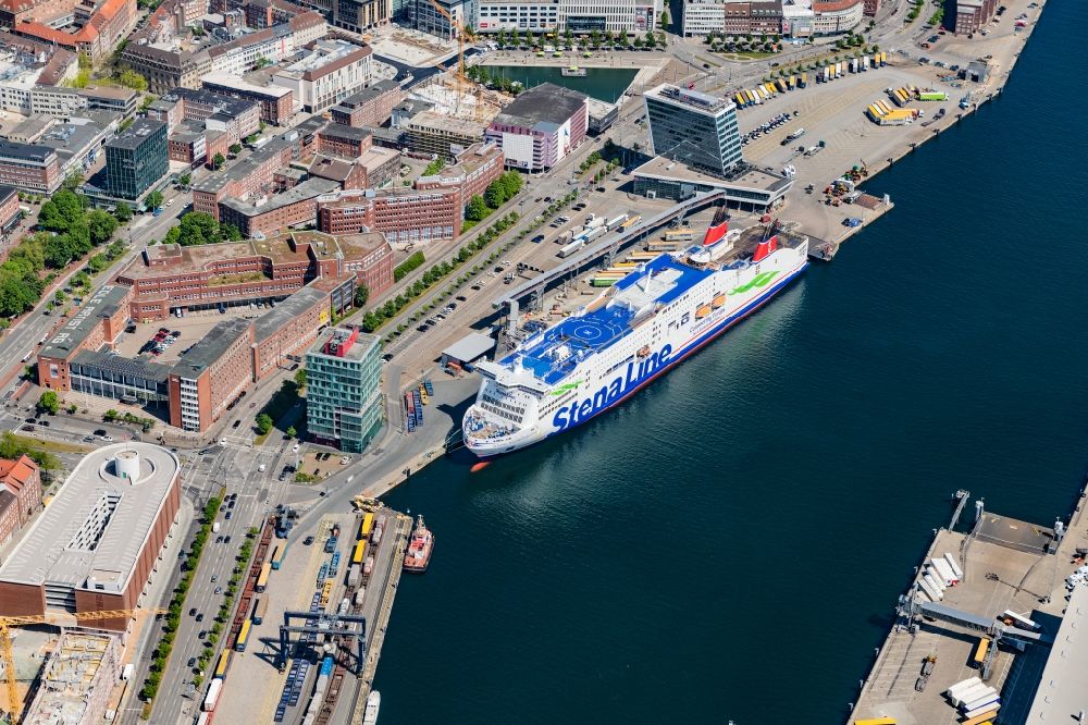 Kiel from above - Anchored and moored ferry in the harbor Stena Scandinavica in Kiel in the state Schleswig-Holstein, Germany