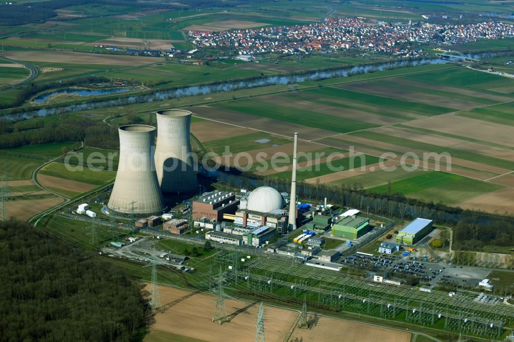 Aerial image Grafenrheinfeld - Reactor blocks, cooling tower structures and plants of the nuclear power plant - nuclear power plant AKW - KKW in Grafenrheinfeld in the state Bavaria, Germany