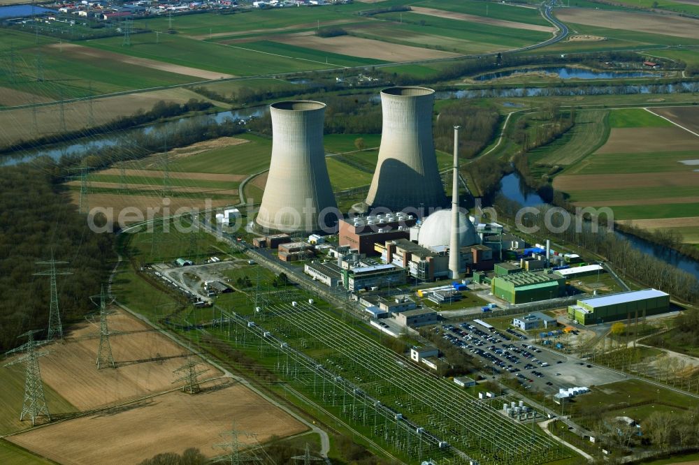 Grafenrheinfeld from the bird's eye view: Reactor blocks, cooling tower structures and plants of the nuclear power plant - nuclear power plant AKW - KKW in Grafenrheinfeld in the state Bavaria, Germany