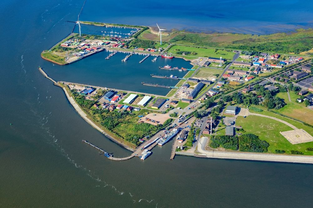 Borkum from above - Roadstead for ferry ships running between Borkum-Emden as well as marina and piers in Borkum in the state Lower Saxony