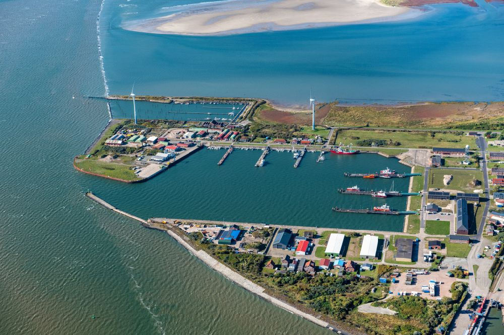 Aerial photograph Borkum - Roadstead for ferry ships running between Borkum-Emden as well as marina and piers in Borkum in the state Lower Saxony