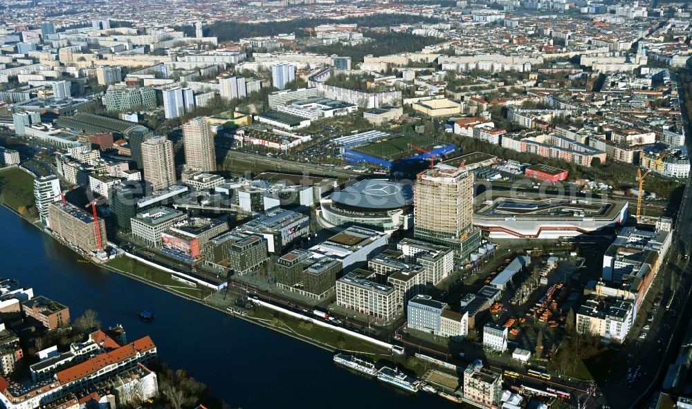 Berlin from above - City view Anschutz Areal on the river bank of Spree River in the district Friedrichshain in Berlin, Germany