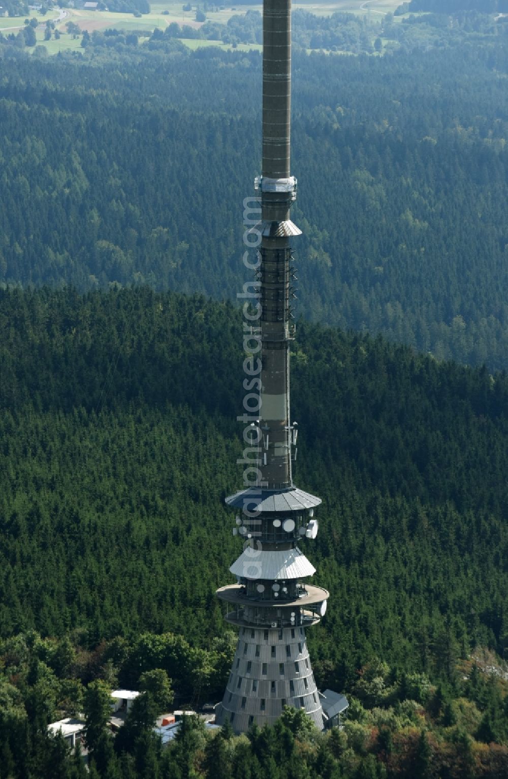 Bischofsgrün from above - Antenna and transmission tower radio mast Sender Ochsenkopf in Bischofsgruen in the state Bavaria