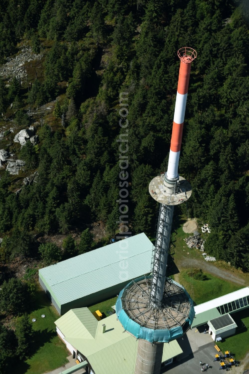 Aerial photograph Bischofsgrün - Antenna and transmission tower radio mast Sender Ochsenkopf in Bischofsgruen in the state Bavaria
