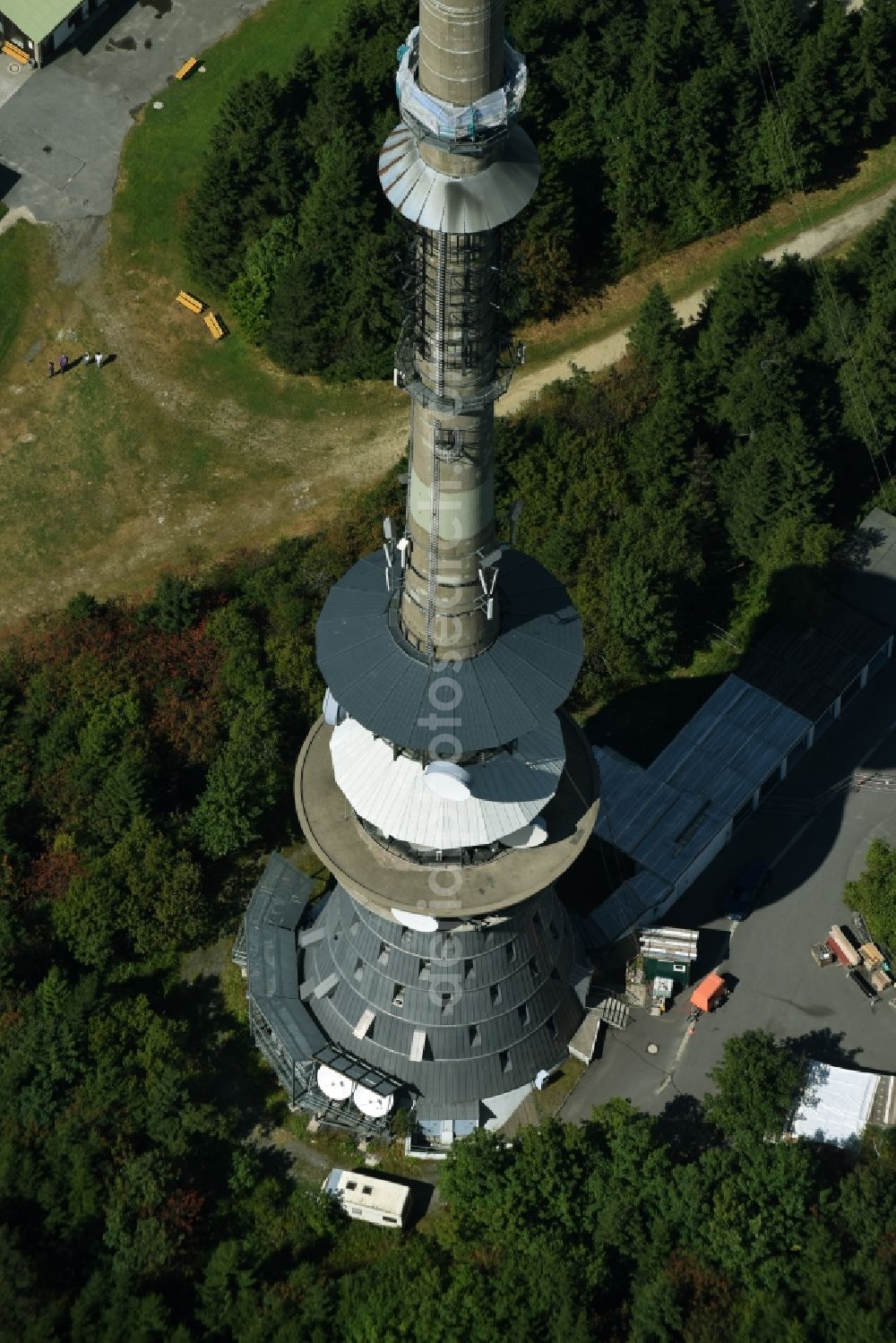 Bischofsgrün from above - Antenna and transmission tower radio mast Sender Ochsenkopf in Bischofsgruen in the state Bavaria