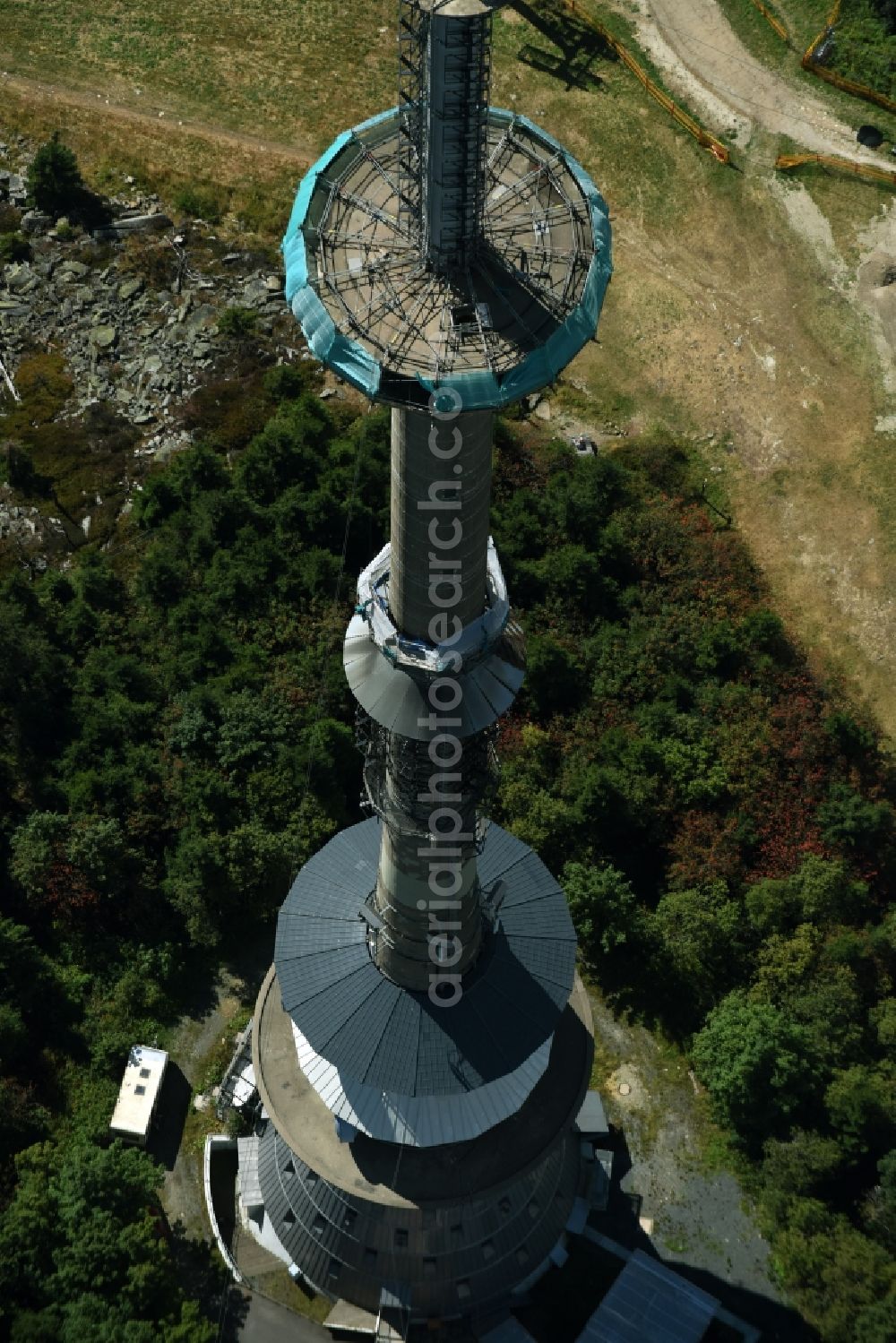 Aerial photograph Bischofsgrün - Antenna and transmission tower radio mast Sender Ochsenkopf in Bischofsgruen in the state Bavaria