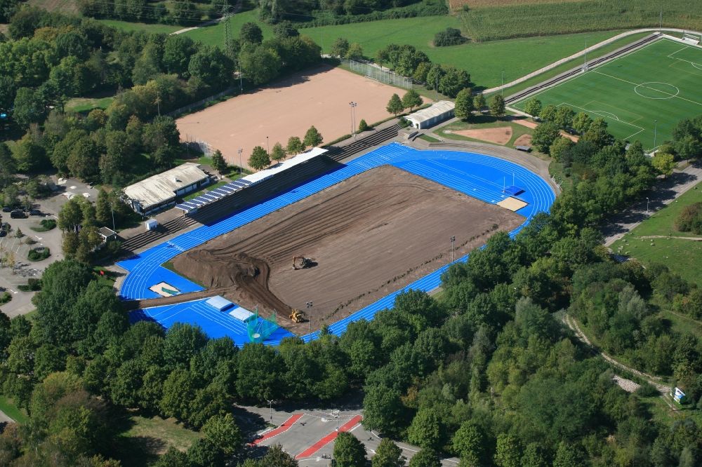 Aerial photograph Rheinfelden (Baden) - Construction works for a new lawn in the sports grounds and football pitch Europa-Stadion in Rheinfelden (Baden) in the state Baden-Wurttemberg, Germany
