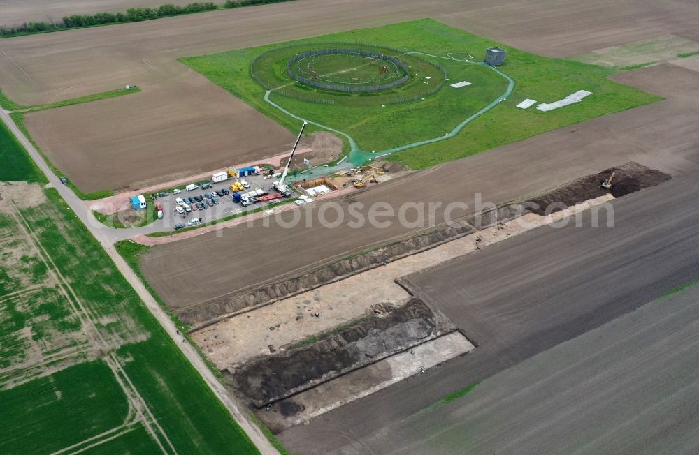Aerial photograph Pömmelte - Archaeological uncovering, viewing and conservation work in the upper layers of the earth on a field in Poemmelte in the state Saxony-Anhalt, Germany