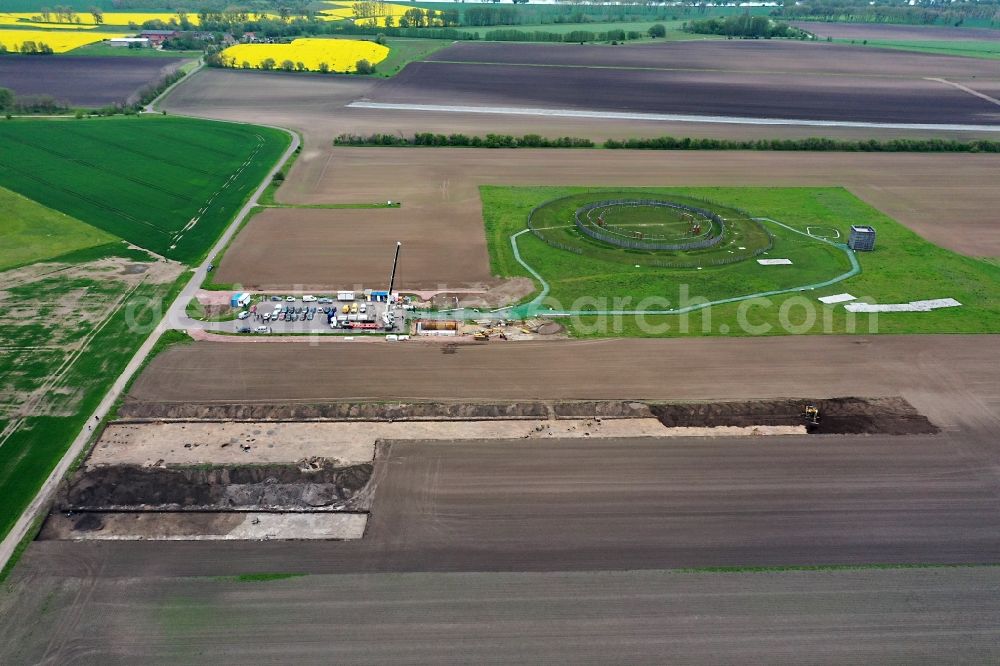 Pömmelte from above - Archaeological uncovering, viewing and conservation work in the upper layers of the earth on a field in Poemmelte in the state Saxony-Anhalt, Germany