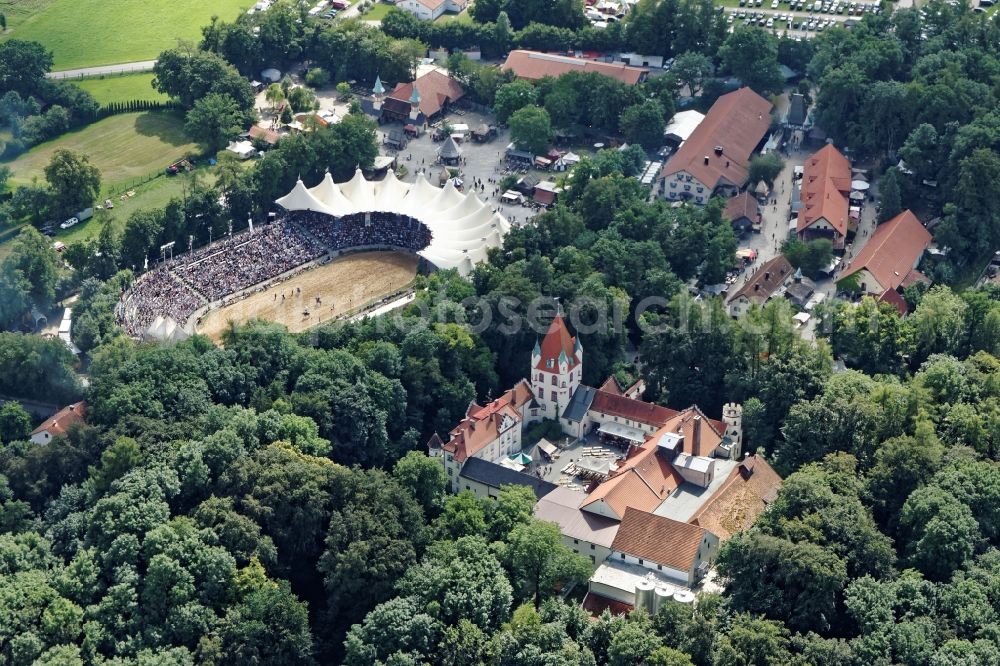 Geltendorf from the bird's eye view: Arena and medieval market of Kaltenberg Knights Tournament at Kaltenberg Castle in Geltendorf in the state Bavaria. Medieval handicrafts are presented on the market in live workshops, while mock battles take place in the arena