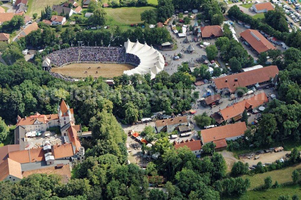 Aerial image Geltendorf - Arena and medieval market of Kaltenberg Knights Tournament at Kaltenberg Castle in Geltendorf in the state Bavaria. Medieval handicrafts are presented on the market in live workshops, while mock battles take place in the arena