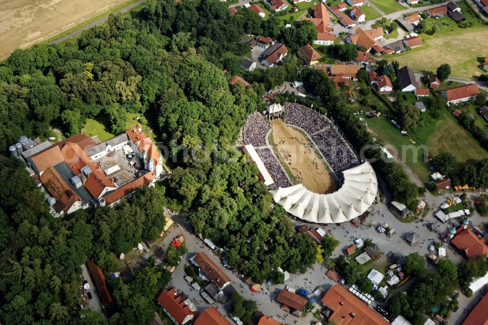 Geltendorf from above - Arena and medieval market of Kaltenberg Knights Tournament at Kaltenberg Castle in Geltendorf in the state Bavaria. Medieval handicrafts are presented on the market in live workshops, while mock battles take place in the arena