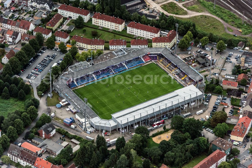 Osnabrück from the bird's eye view: Sports facility grounds of the Arena - stadium on street Scharnhorststrasse in the district Schinkel in Osnabrueck in the state Lower Saxony, Germany