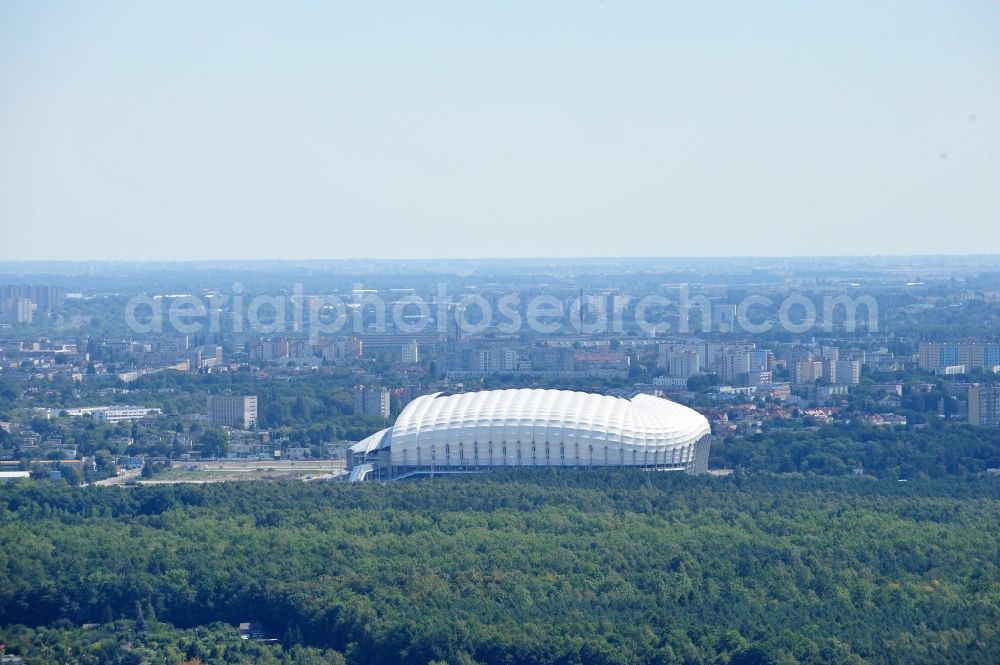 Poznan from above - Sports facility grounds of the Arena stadium Stadion Miejski - INEA Stadion in the district Grunwald in Poznan - Posen in Wielkopolskie, Poland