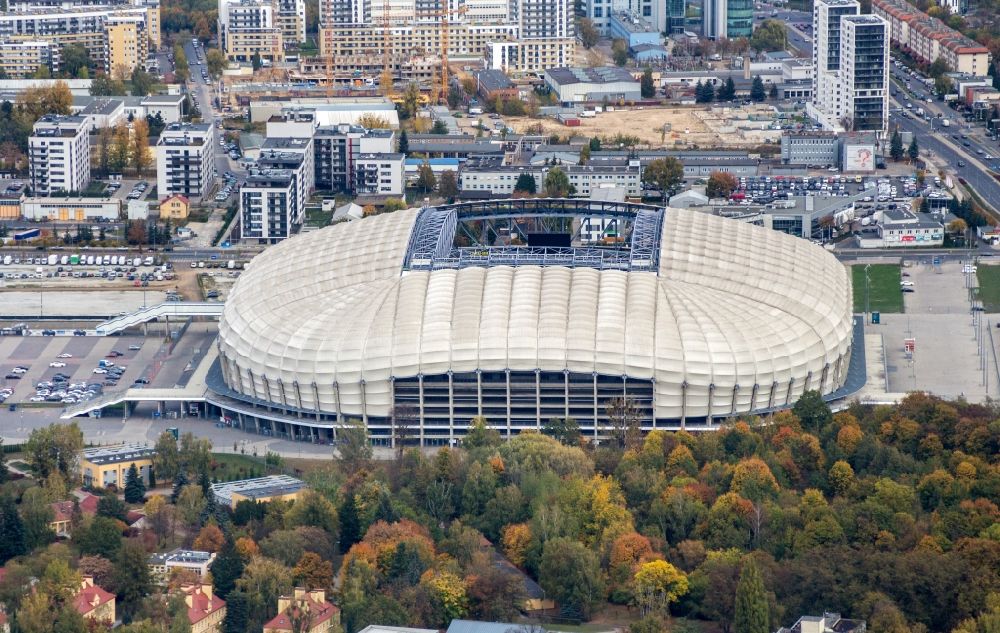 Aerial photograph Poznan - Sports facility grounds of the Arena stadium Stadion Miejski - INEA Stadion in the district Grunwald in Poznan - Posen in Wielkopolskie, Poland
