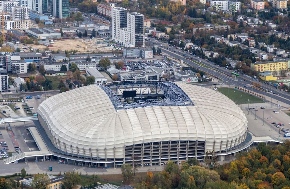 Aerial image Poznan - Sports facility grounds of the Arena stadium Stadion Miejski - INEA Stadion in the district Grunwald in Poznan - Posen in Wielkopolskie, Poland