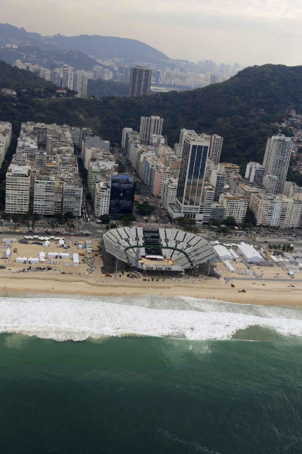 Rio de Janeiro from above - Arena of the volleyball stadium on Copacabana beach in front of the Summer Olympics of XXXI. Olympics in Rio de Janeiro in Brazil