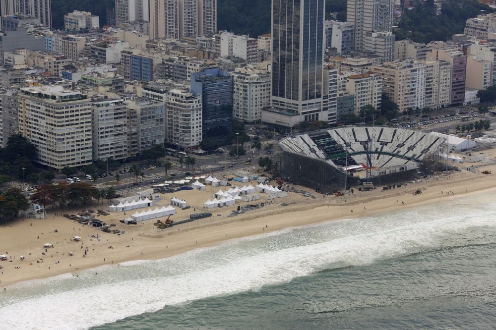 Aerial image Rio de Janeiro - Arena of the volleyball stadium on Copacabana beach in front of the Summer Olympics of XXXI. Olympics in Rio de Janeiro in Brazil