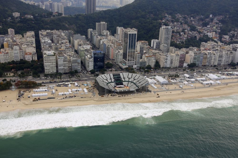 Aerial photograph Rio de Janeiro - Arena of the volleyball stadium on Copacabana beach in front of the Summer Olympics of XXXI. Olympics in Rio de Janeiro in Brazil