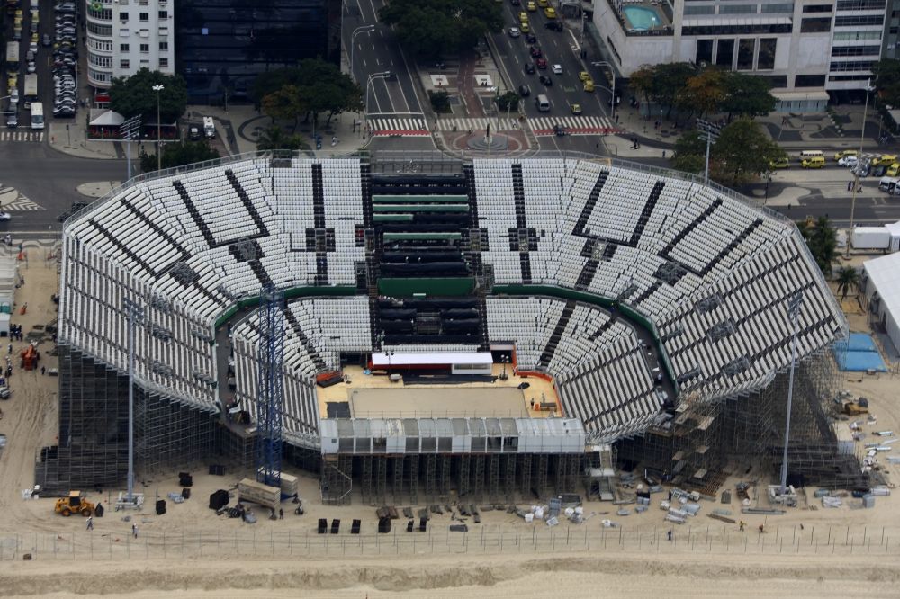 Rio de Janeiro from above - Arena of the volleyball stadium on Copacabana beach in front of the Summer Olympics of XXXI. Olympics in Rio de Janeiro in Brazil