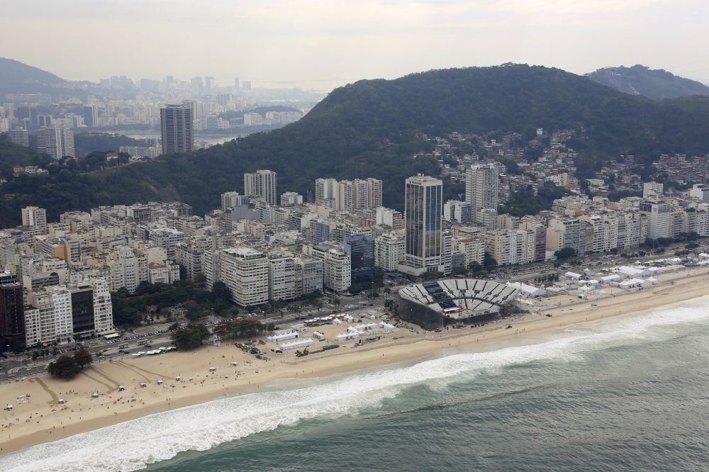 Aerial photograph Rio de Janeiro - Arena of the volleyball stadium on Copacabana beach in front of the Summer Olympics of XXXI. Olympics in Rio de Janeiro in Brazil