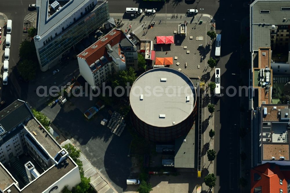 Berlin from above - View at the construction site of the new building Asisi-Panometer at the Friedrichstrasse in the district Mitte in Berlin. The Panometer is a project of the artist Yadegar Asisi and shows a panoramic view through an compressed artistic look at his panoramic image The Wall about the divided Berlin during the Cold War