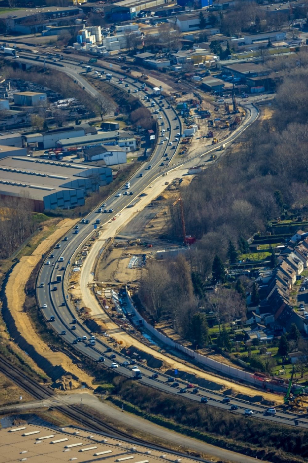 Aerial image Duisburg - Motorway construction site to renew the asphalt surface on the route of BAB A40 in the district Kasslerfeld in Duisburg at Ruhrgebiet in the state North Rhine-Westphalia, Germany