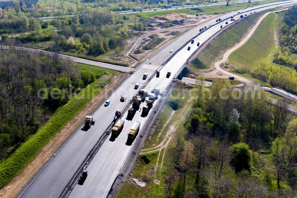 Espenhain from above - Motorway construction site to renew the asphalt surface on the route of BAB A72 in Espenhain in the state Saxony, Germany