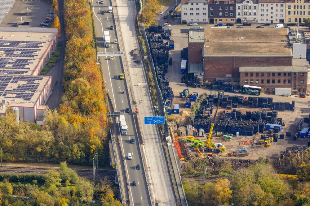 Witten from above - Motorway construction site to renew the asphalt surface on the route of the A40 with repair work after a major fire of the local tire store in the district Hamme in Witten at Ruhrgebiet in the state North Rhine-Westphalia, Germany