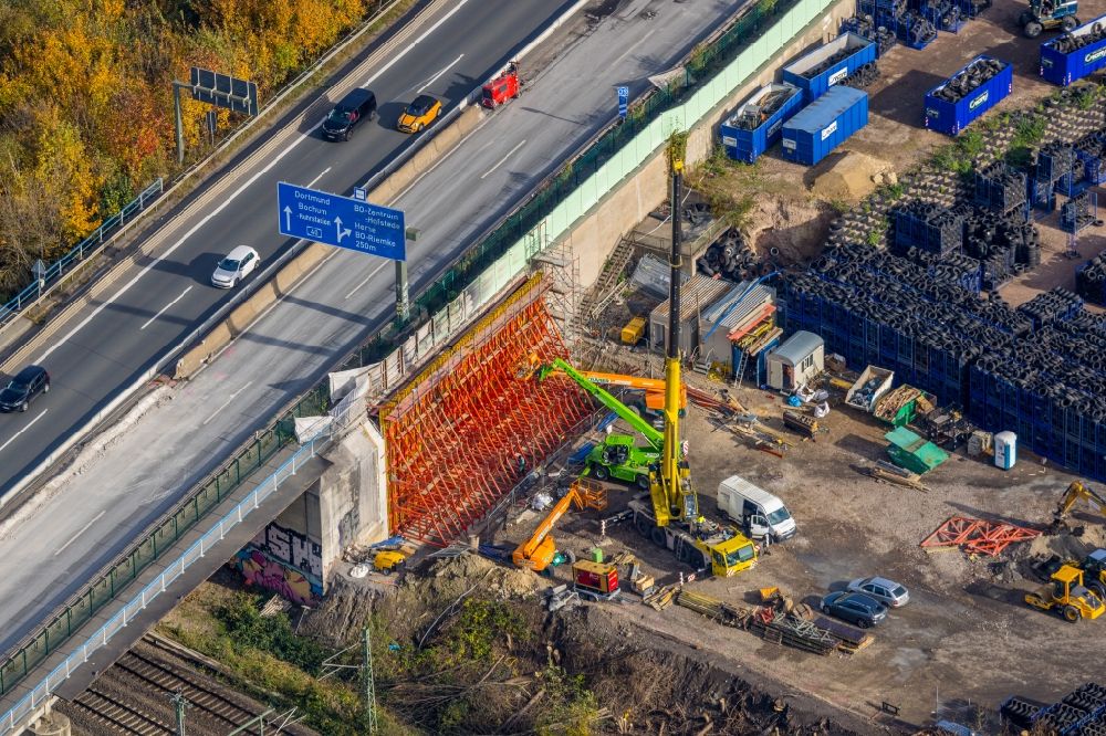 Aerial image Witten - Motorway construction site to renew the asphalt surface on the route of the A40 with repair work after a major fire of the local tire store in the district Hamme in Witten at Ruhrgebiet in the state North Rhine-Westphalia, Germany
