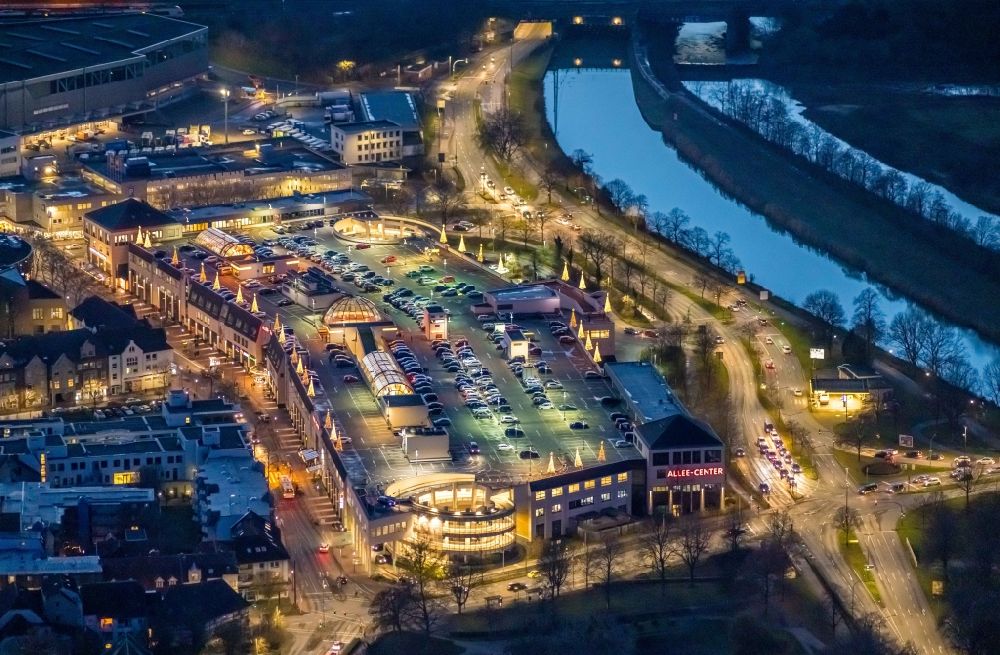 Aerial image at night Hamm - Night lighting parking space for parked cars at the shopping center Allee-Center Hamm on Westenwall in Hamm in the state North Rhine-Westphalia, Germany