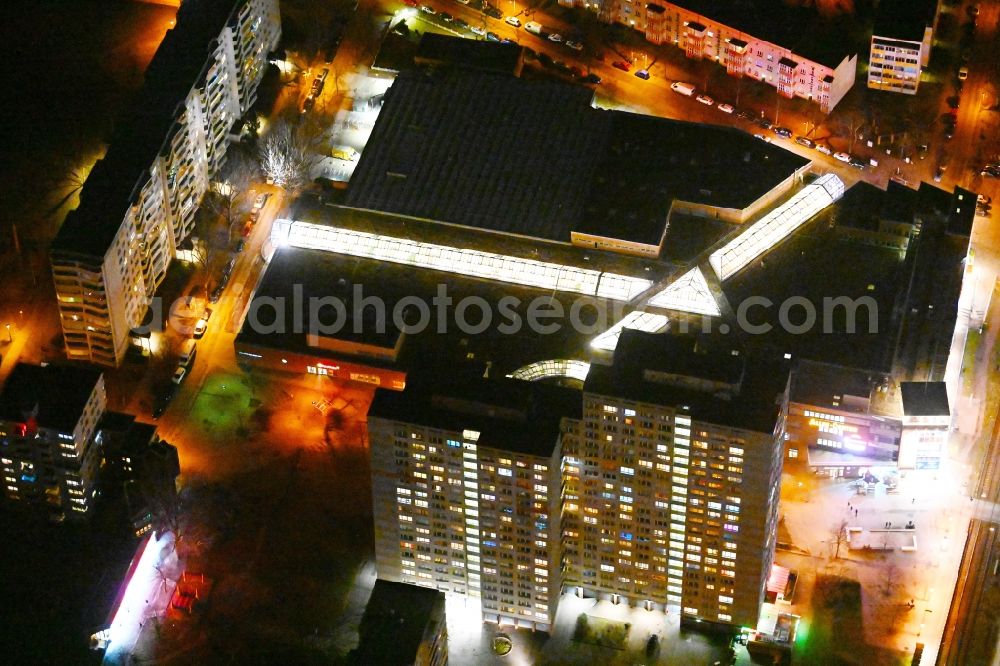 Berlin at night from above - Night lighting building of the shopping center Allee-Center Berlin of ECE GmbH on Landsberger Allee in the district Lichtenberg in Berlin, Germany