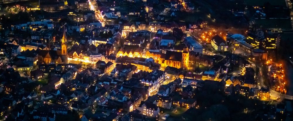 Aerial photograph at night Ahlen - Night lighting old Town area and city center in Ahlen in the state North Rhine-Westphalia, Germany