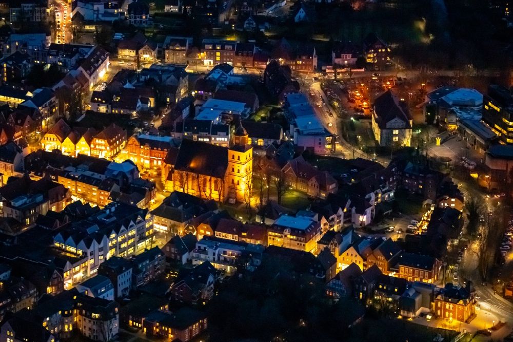 Aerial image at night Ahlen - Night lighting old Town area and city center in Ahlen in the state North Rhine-Westphalia, Germany