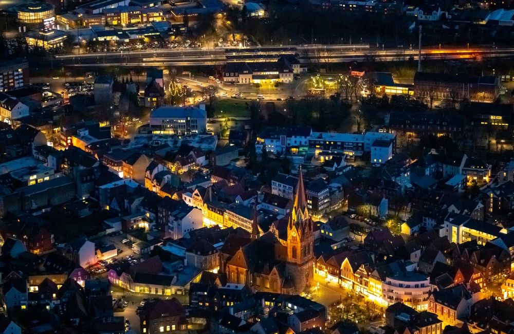 Ahlen at night from above - Night lighting old Town area and city center in Ahlen in the state North Rhine-Westphalia, Germany
