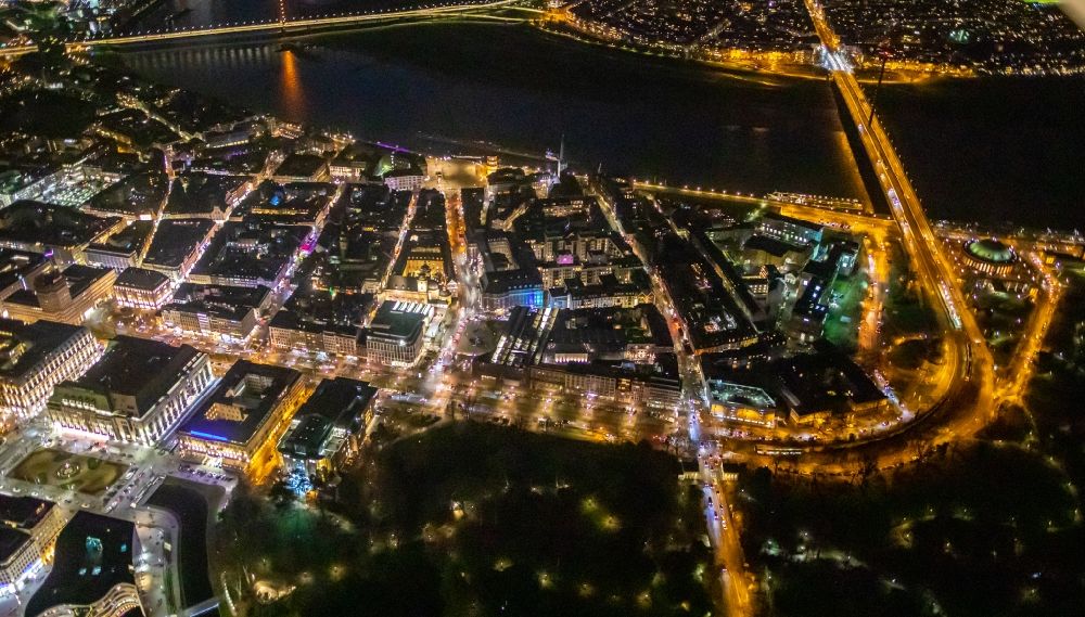 Düsseldorf at night from the bird perspective: Night lighting old Town area and city center - Carlstadt on rhine river in Duesseldorf in the state North Rhine-Westphalia, Germany