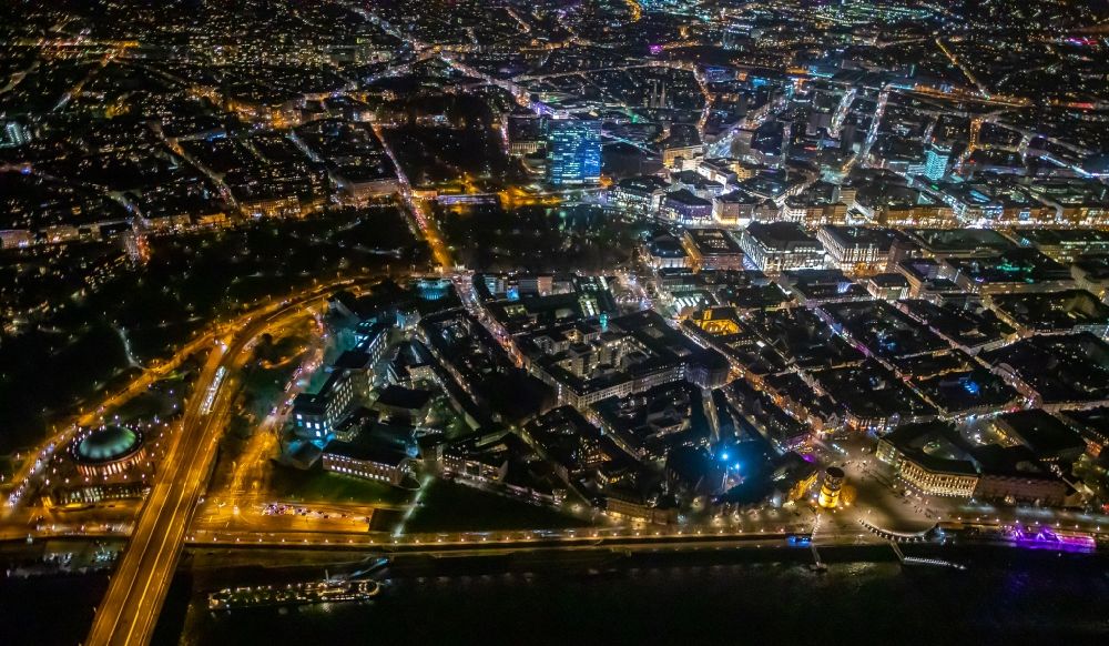 Düsseldorf at night from above - Night lighting old Town area and city center - Carlstadt on rhine river in Duesseldorf in the state North Rhine-Westphalia, Germany