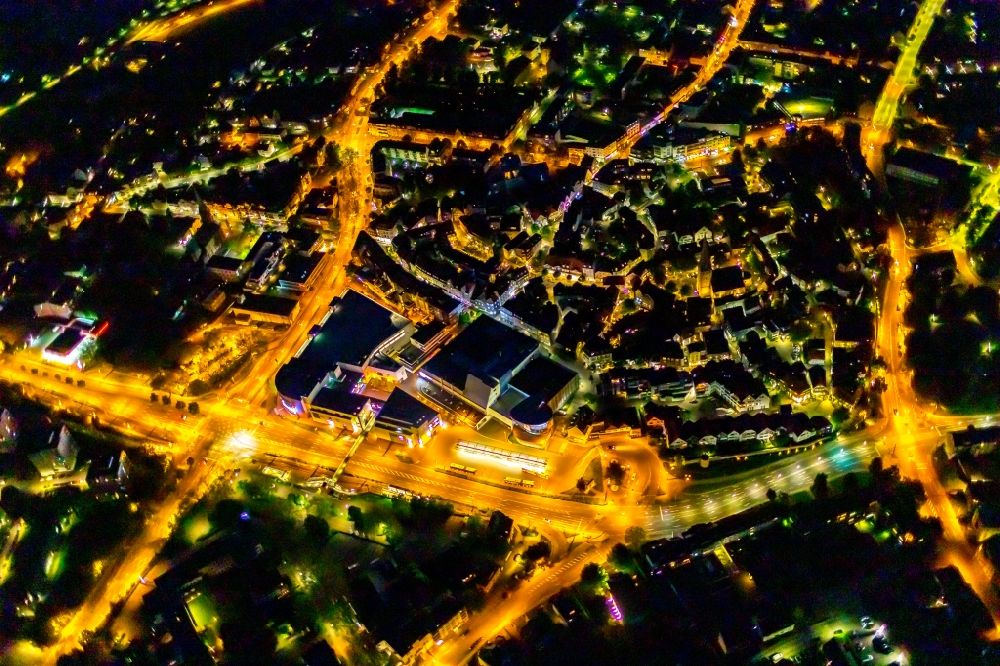 Aerial image at night Hattingen - Night lighting old Town area and city center in Hattingen at Ruhrgebiet in the state North Rhine-Westphalia, Germany