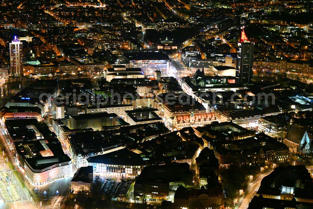 Aerial photograph at night Leipzig - Night lighting old Town area and city center in the district Zentrum in Leipzig in the state Saxony, Germany