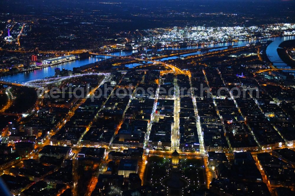 Aerial image at night Mannheim - Night lighting old Town area and city center on Friedrichsplatz in Mannheim in the state Baden-Wurttemberg, Germany
