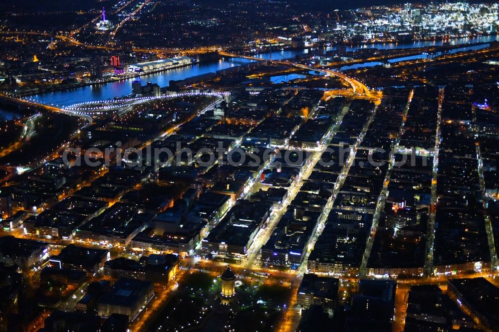 Mannheim at night from above - Night lighting old Town area and city center on Friedrichsplatz in Mannheim in the state Baden-Wurttemberg, Germany