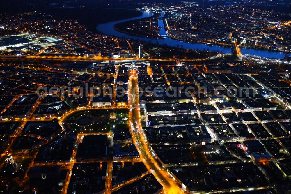 Aerial photograph at night Mannheim - Night lighting old Town area and city center on Friedrichsplatz in Mannheim in the state Baden-Wurttemberg, Germany