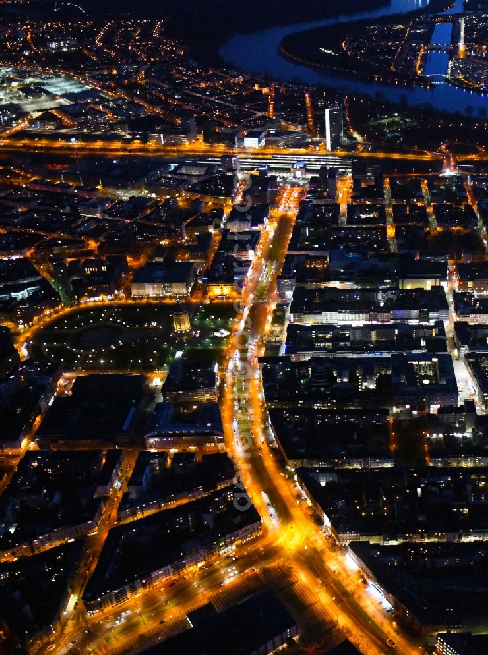 Aerial image at night Mannheim - Night lighting old Town area and city center on Friedrichsplatz in Mannheim in the state Baden-Wurttemberg, Germany