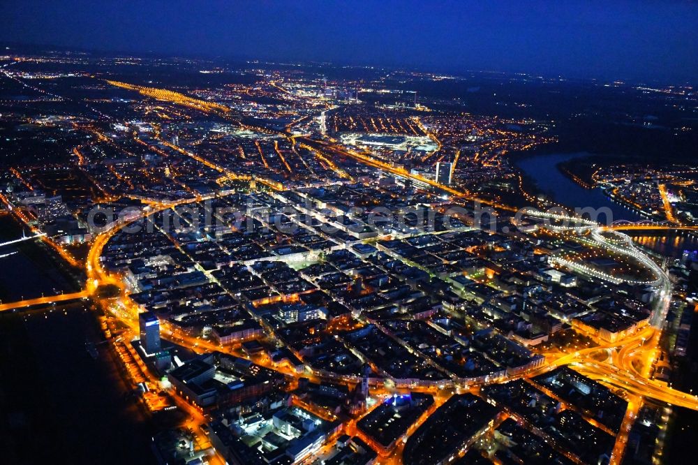Mannheim at night from the bird perspective: Night lighting old Town area and city center on Friedrichsplatz in Mannheim in the state Baden-Wurttemberg, Germany
